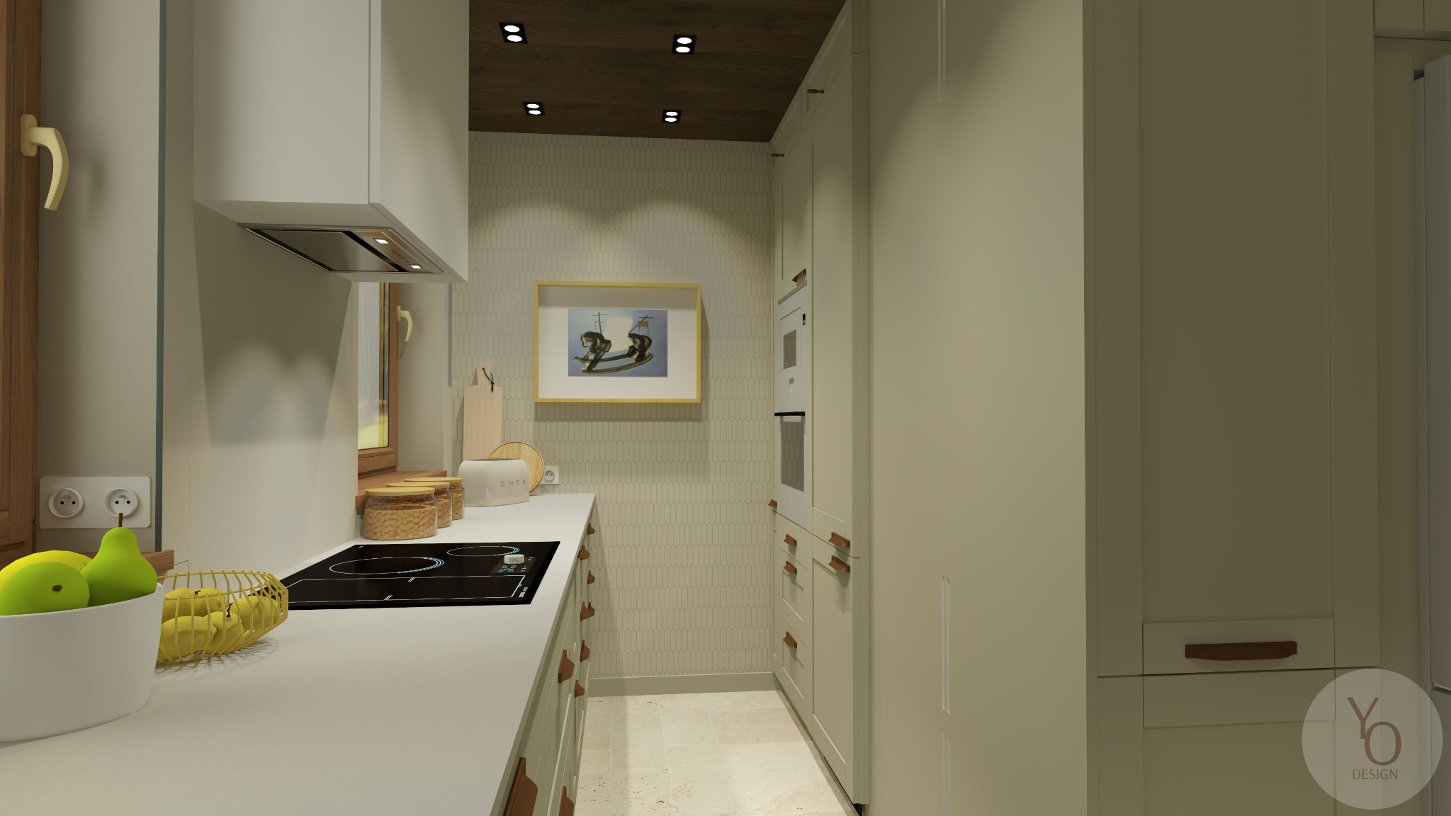 Wizualizacja kuchni w odcieniach beżu z drewnianymi akcentami, widoczna płyta indukcyjna, owoce w koszyku, piekarnik w zabudowie i obrazek na ścianie.