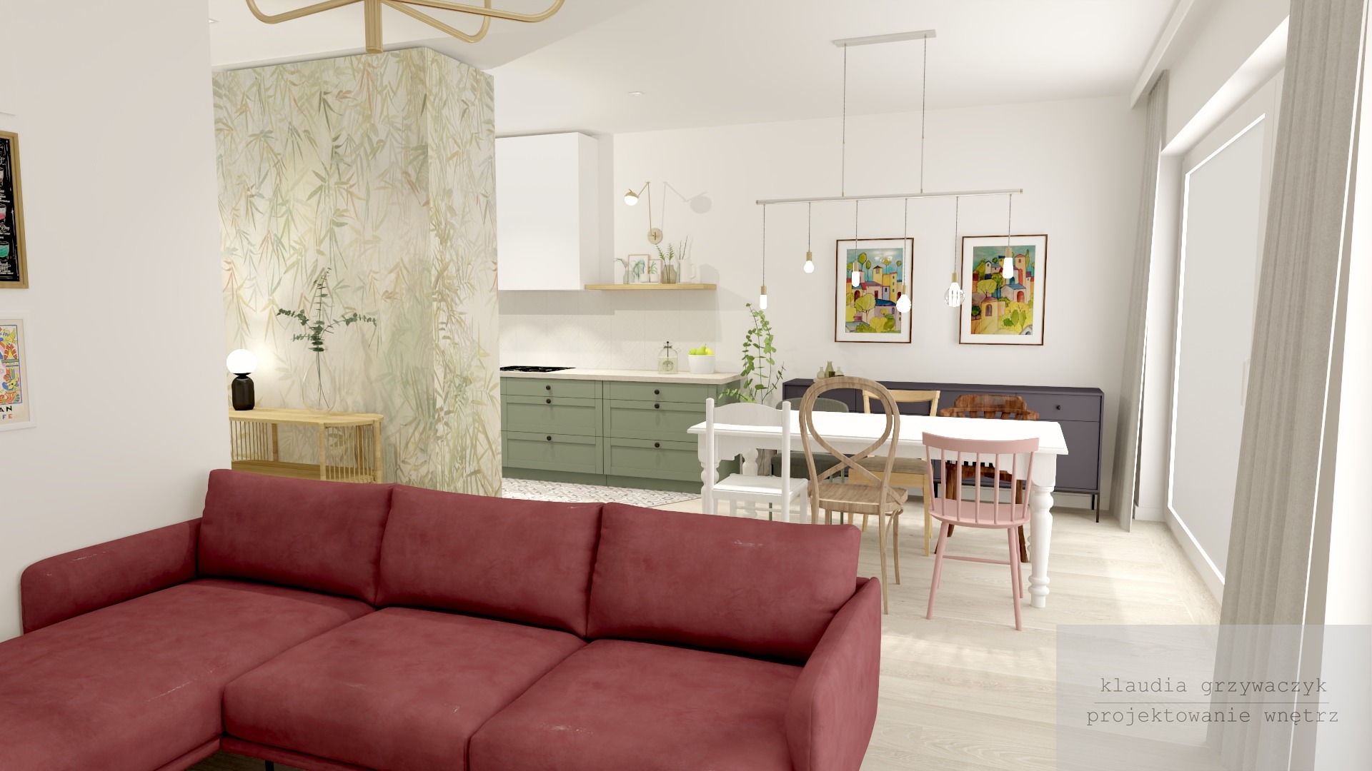 Wizualizacja przestronnego wnętrza z zieloną kuchnią, jadalnią z białym stołem i różowym krzesłem oraz bordową sofą, akcentowana tapetą w bambusowy wzór i abstrakcyjnymi obrazami na ścianie.