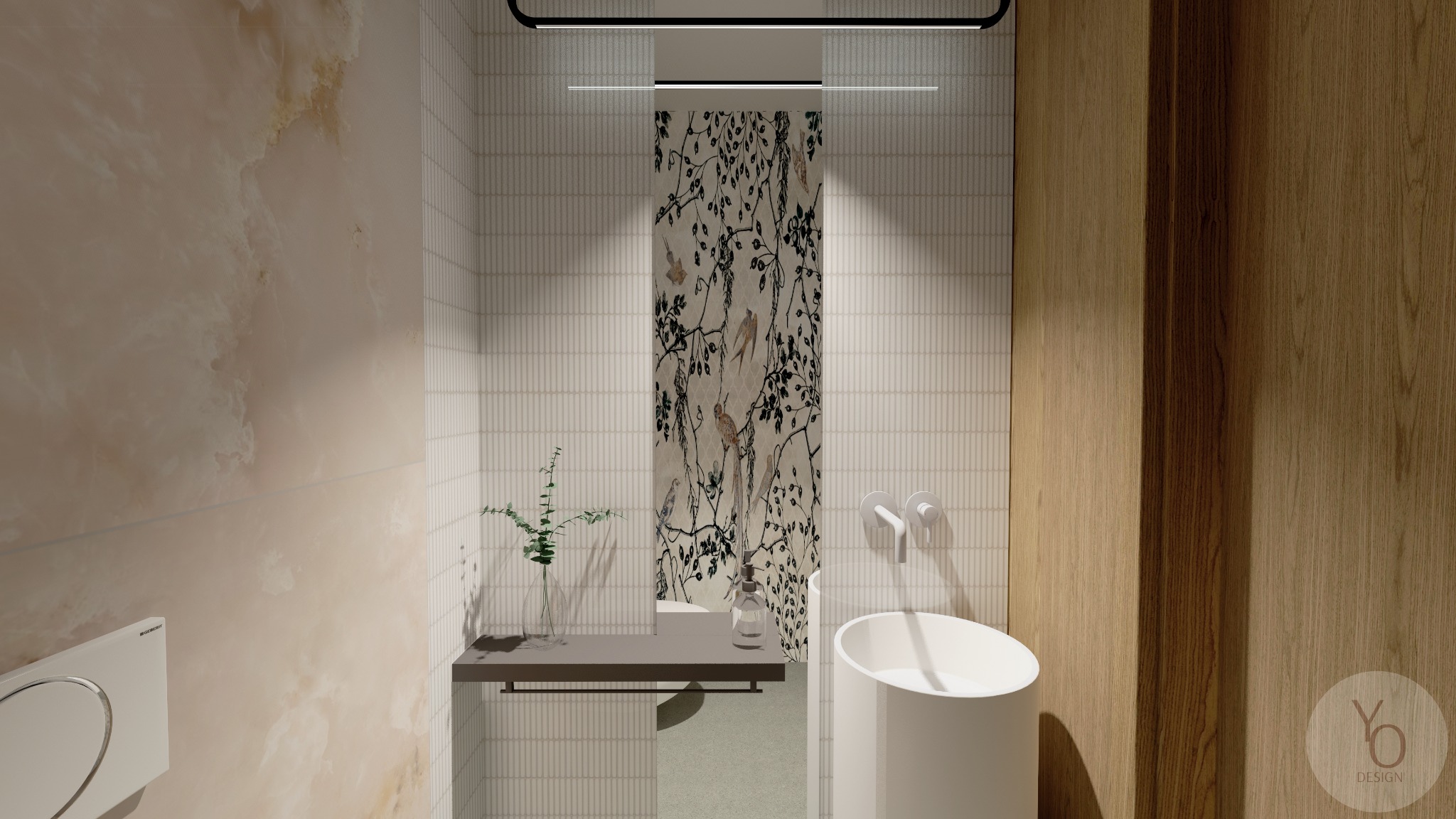 Wizualizacja łazienki z umywalką cylindryczną, ceramiczną armaturą, blatem z rośliną w szklanym wazonie, płytkami imitującymi tapetę z motywem ptaków i beżową ścianą z efektem marmuru.