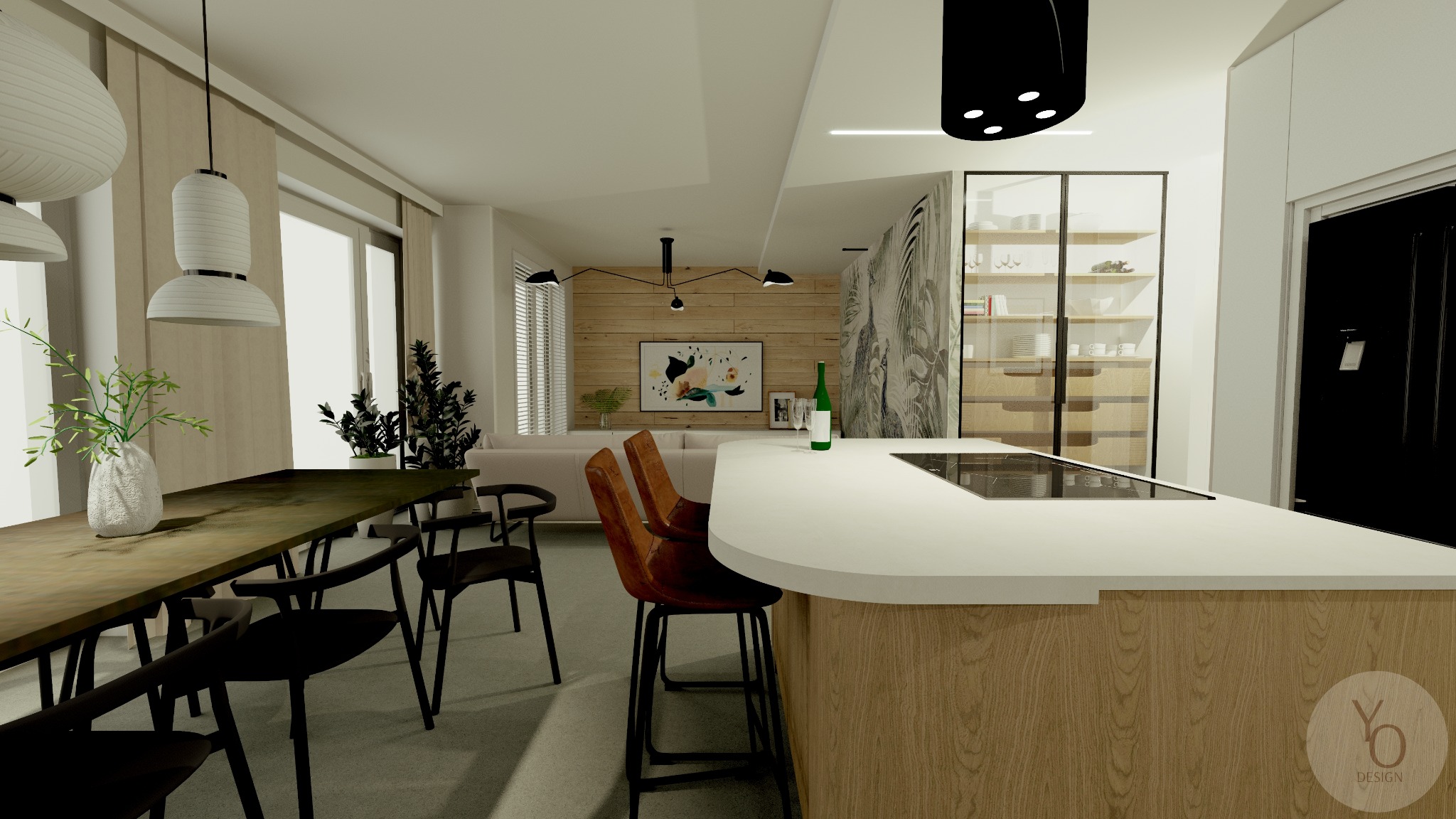 Wizualizacja wnętrza: salon z jadalnią i wyspą kuchenną, drewniane akcenty, designerskie lampy, rośliny doniczkowe i dekoracyjna tapeta.