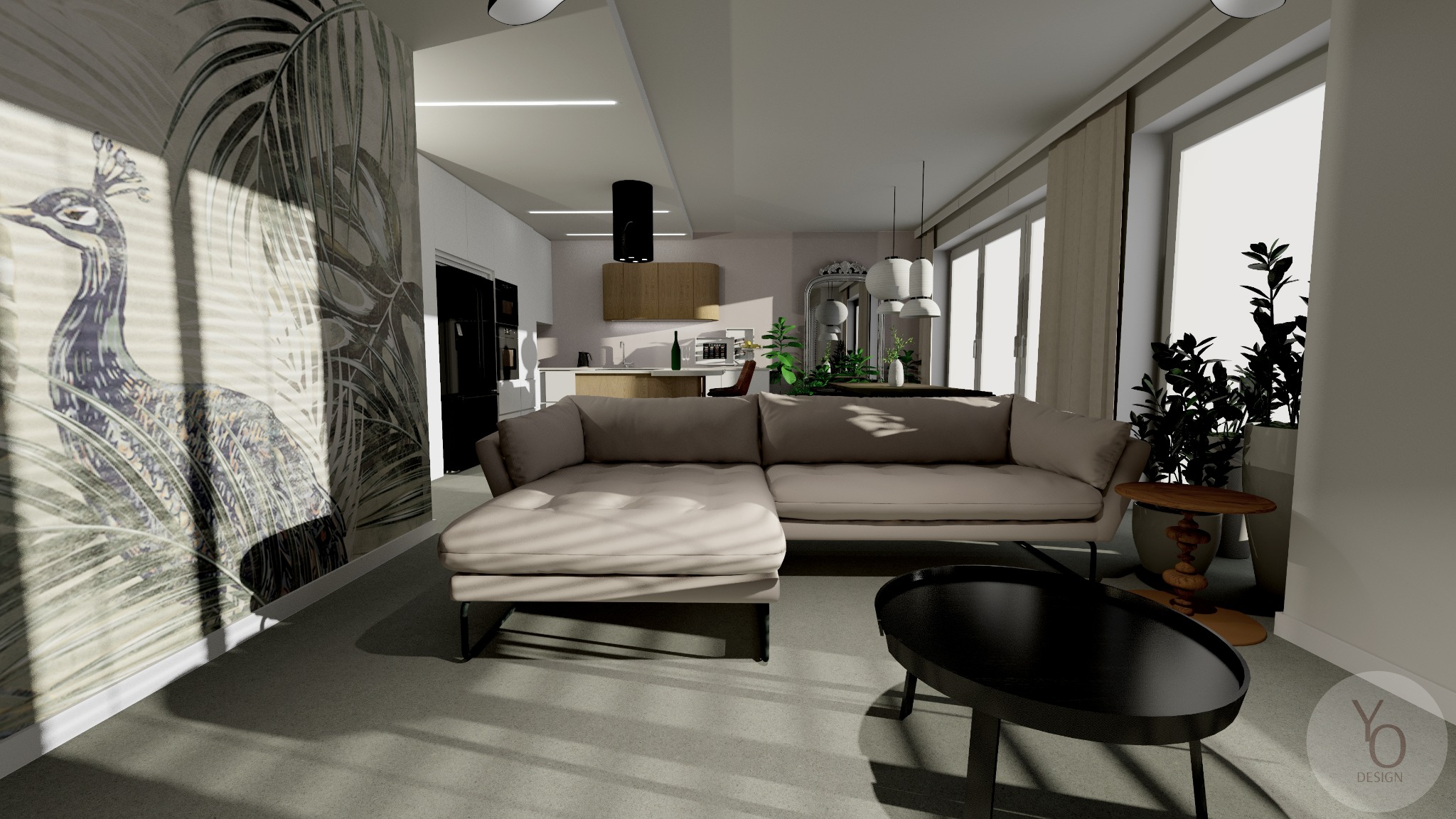 Wizualizacja salonu z aneksem kuchennym, beżowa sofa narożna, okrągły stolik kawowy, ściana z motywem pawia, nowoczesne oświetlenie sufitowe.