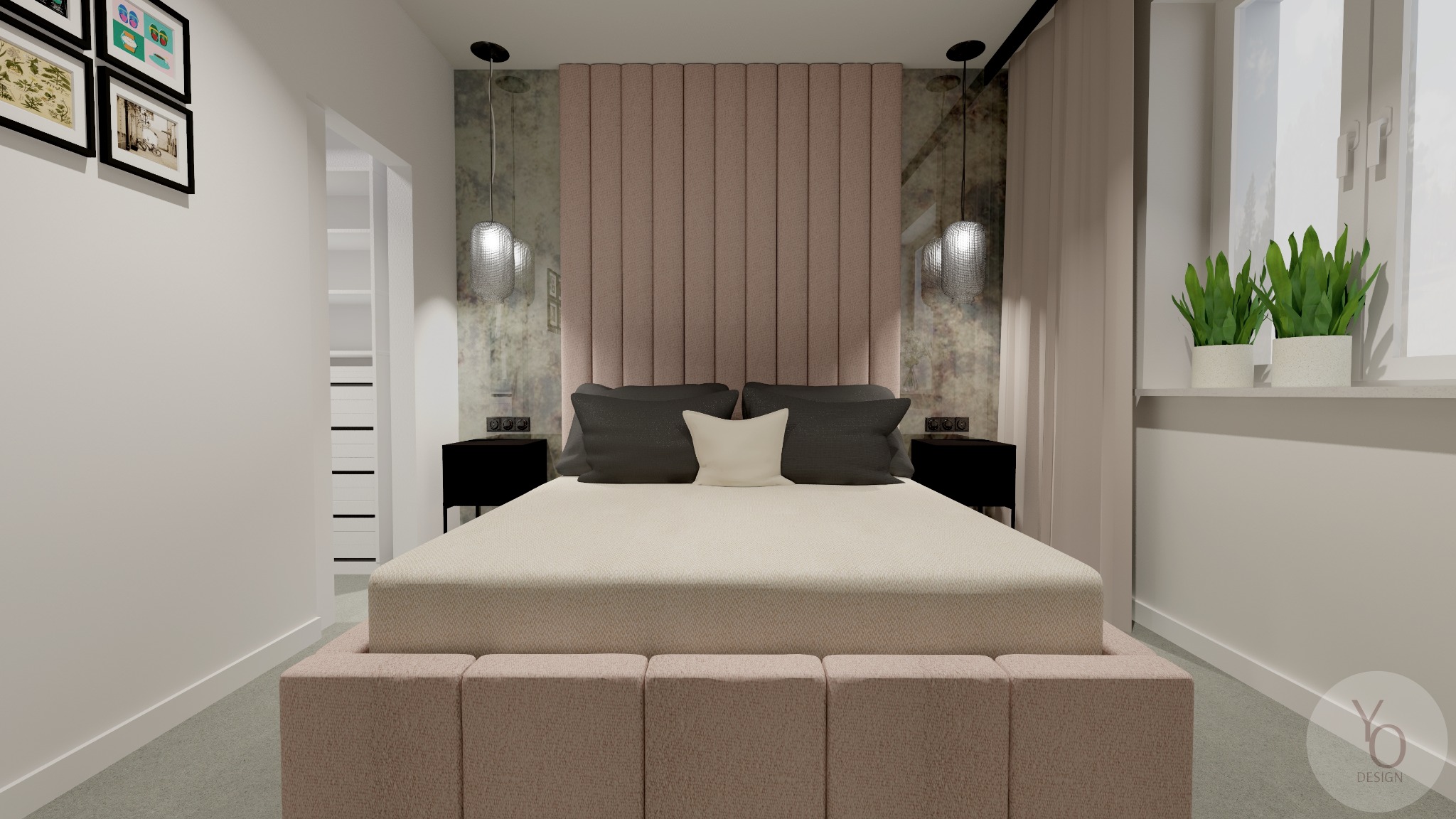 Wizualizacja sypialni z łóżkiem z tapicerowanym wezgłowiem w odcieniach pudrowego różu, czarnymi szafkami nocnymi i lampami wiszącymi z metalowej siatki, z roślinami doniczkowymi na parapecie.