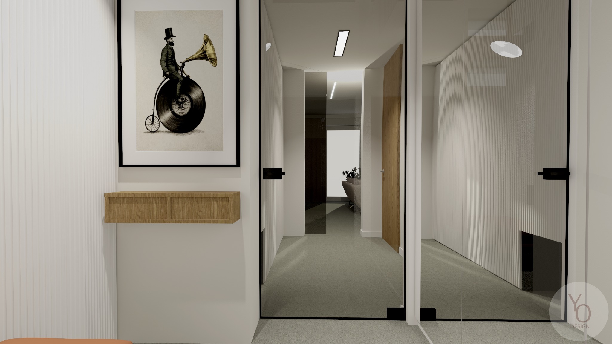 Nowoczesny przedpokój z minimalistycznym dekorem: grafika z gramofonem na ścianie nad drewnianą konsolą, szklane drzwi z czarnymi okuciami, widok na dalszą część mieszkania.