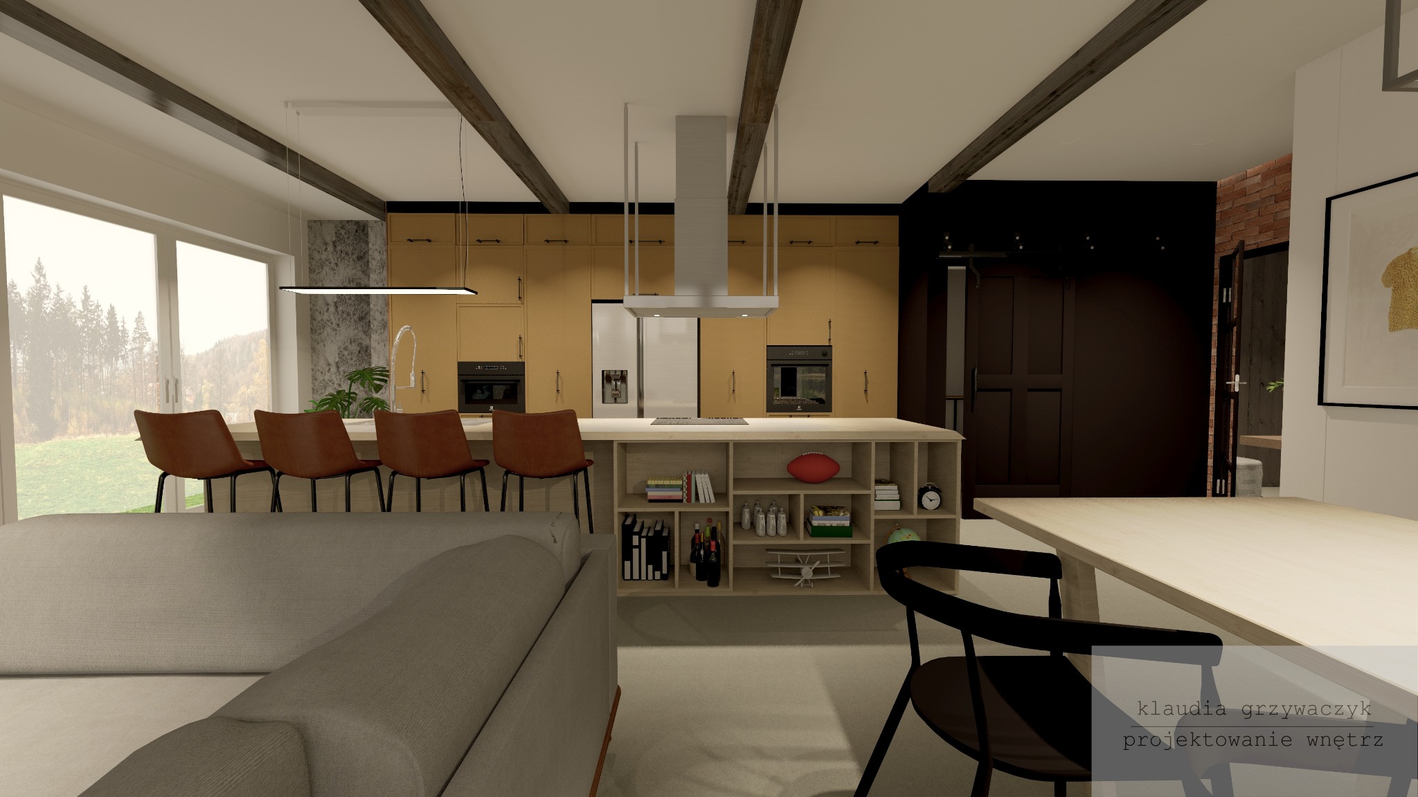 Wizualizacja wnętrza kuchni z wyspą, brązowymi krzesłami barowymi i widokiem na zewnątrz przez duże okno, z widocznymi elementami dekoracyjnymi na półkach wyspy.