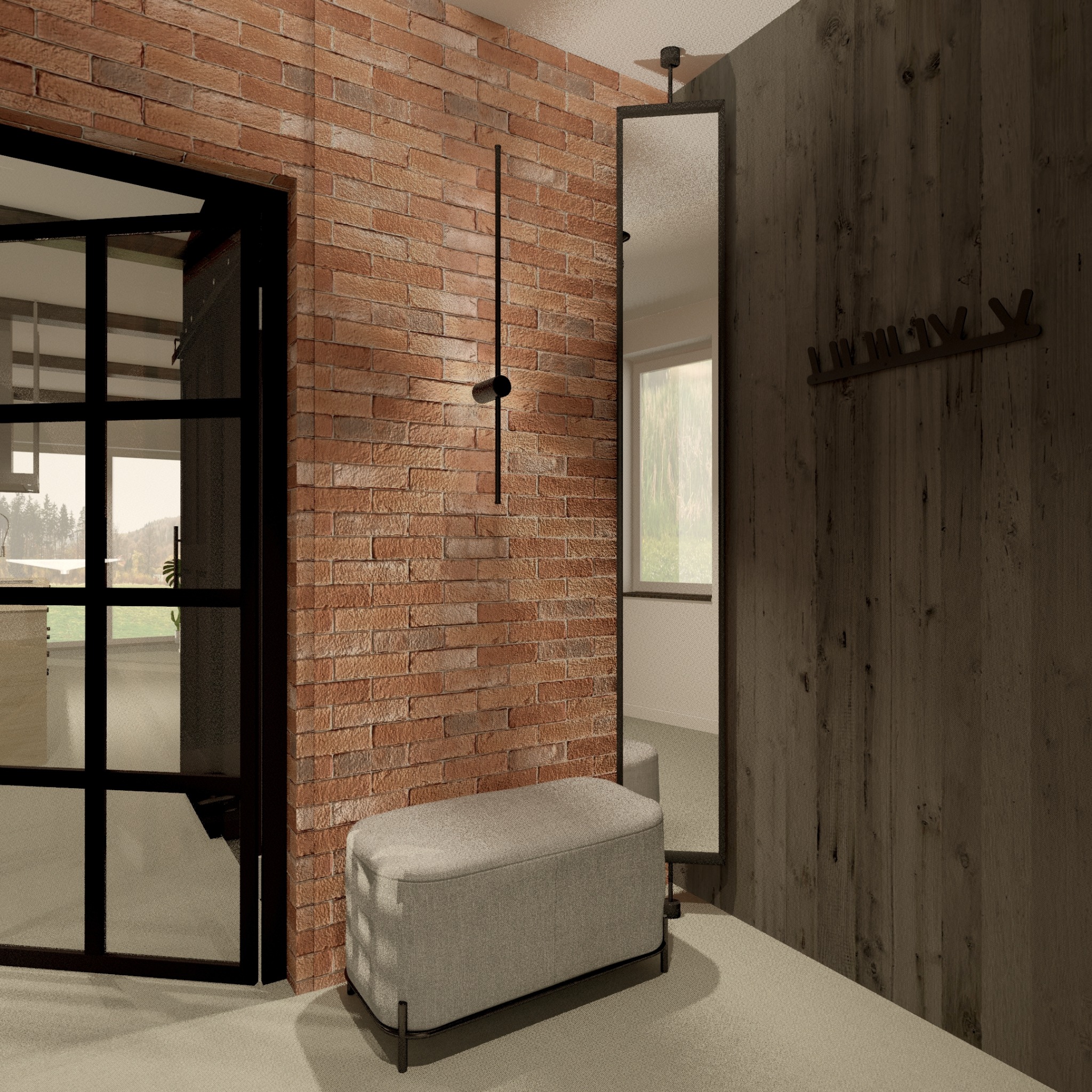 Wnętrze przedpokoju z ceglaną ścianą, nowoczesnym oświetleniem, dużym lustrem w czarnej ramie, drewnianą ścianą z wieszakami i szarym pufem.