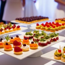 Euro Kulinaria - Elegancko zaaranżowane przystawki na białych paterach, różnorodne smaki i kolory, od mini tartaletek z owocami po kanapki z ziołami, tło z rozmytymi postaciami w jasnych strojach.