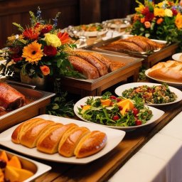 Euro Kulinaria - Uroczysty stół cateringowy z pieczonym mięsem w bemarach, świeżymi sałatkami z pomarańczami i żurawiną, różnorodnym pieczywem i dekoracyjnymi bukietami kwiatów w tle.