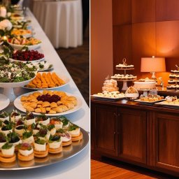 Euro Kulinaria - Bogato zastawiony stół z przekąskami i deserami na przyjęciu, widoczne mini kanapeczki, sałatki, ciasta i babeczki, na drugim planie drewniana komoda z lampką i kwiatami, całość w ciepłej kolorystyce.