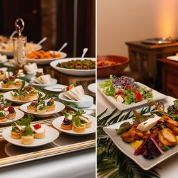 Euro Kulinaria - Stół z przekąskami: mini tartaletki z ziołami i pomidorkami koktajlowymi na srebrnej tacy, sałatki z serem feta i warzywami na białych talerzach, drewniane bufety w tle.