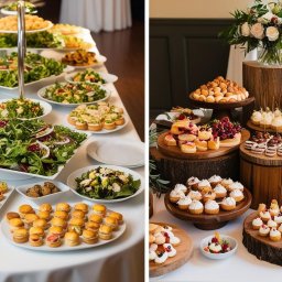 Euro Kulinaria - Bogato zastawiony stół z przekąskami, sałatkami i mini burgerami na białym obrusie, obok aranżacja z drewnianych podstawek i kwiatów z różnorodnymi deserami.