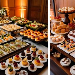 Euro Kulinaria - Bogato zastawiony stół z różnorodnymi przekąskami, sałatkami i deserami na przyjęciu, z miniaturowymi tartaletkami, babeczkami i kanapeczkami.