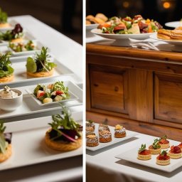 Euro Kulinaria - Elegancko przygotowane przekąski cateringowe na białych talerzach, z widocznymi tartaletkami z kremem i owocami, sałatkami z zielonymi liśćmi i warzywami, oraz drewnianym bufetem w tle.