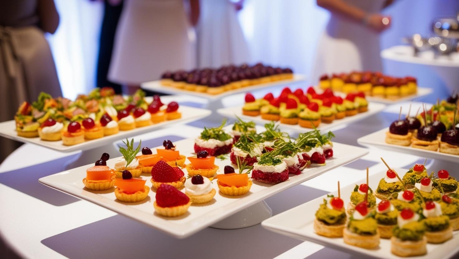 Elegancko zaaranżowane przystawki na białych paterach, różnorodne smaki i kolory, od mini tartaletek z owocami po kanapki z ziołami, tło z rozmytymi postaciami w jasnych strojach.