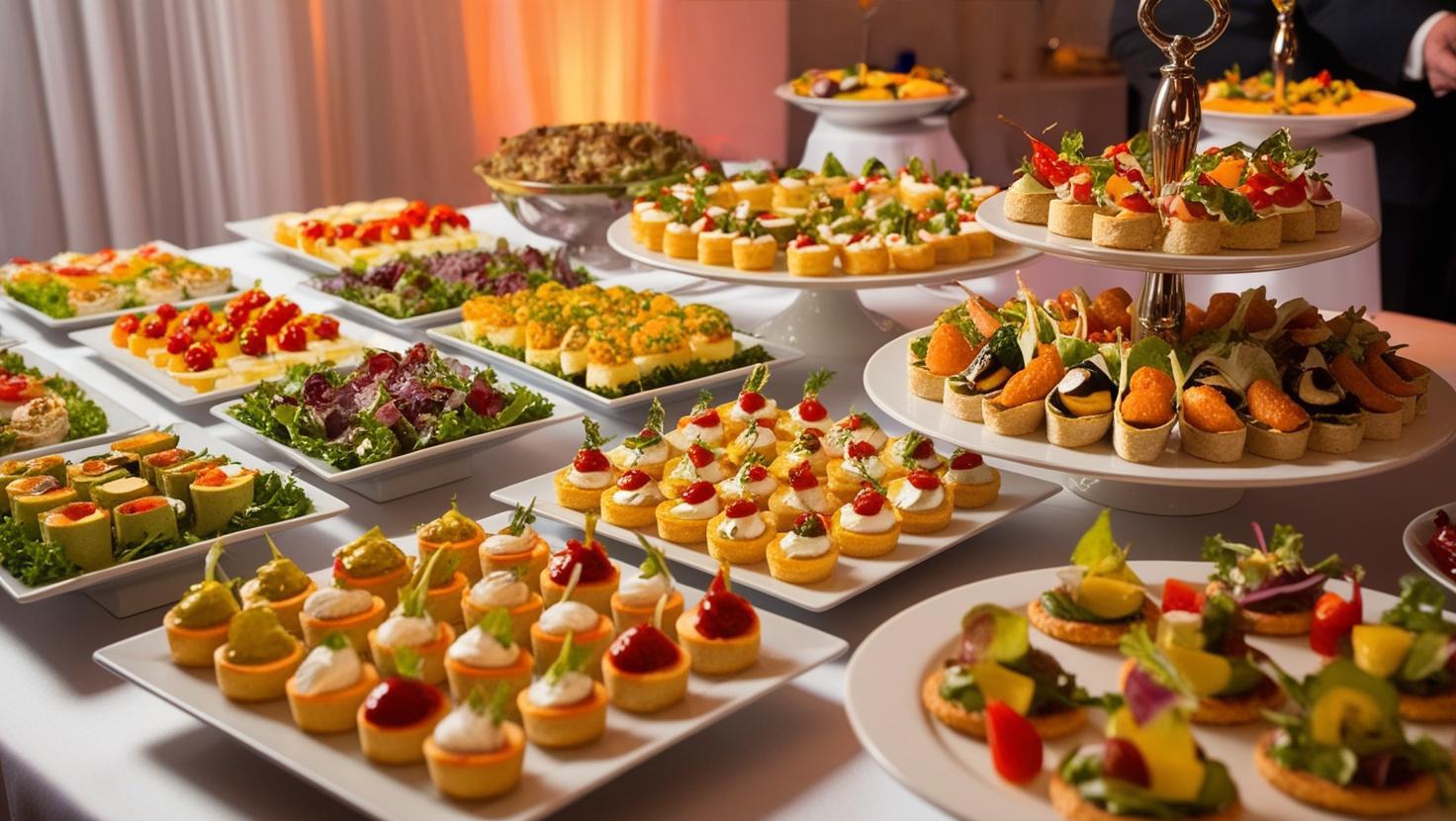 Stół bankietowy z różnorodnymi, kolorowymi przekąskami: mini tartaletki z kremem i owocami, kanapki z warzywami, sałatki w małych miseczkach, wszystko na białych talerzach i paterach, z rozmytą...