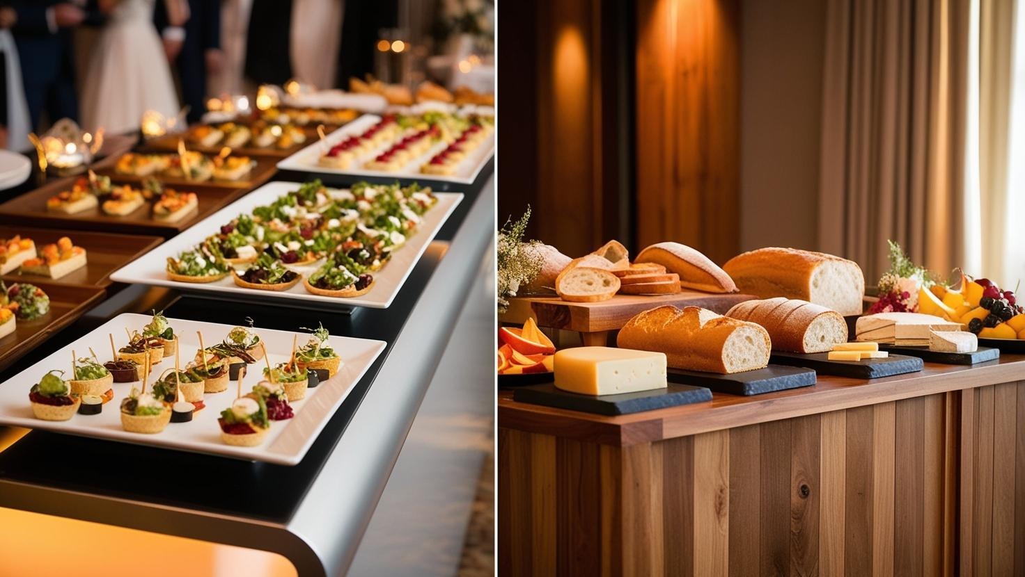 Elegancki bufet cateringowy z różnorodnymi przekąskami: tartaletki z warzywami, kanapeczki z łososiem, sery, pieczywo i owoce, ustawione na drewnianym stole z ciemnymi blatami i srebrnym...