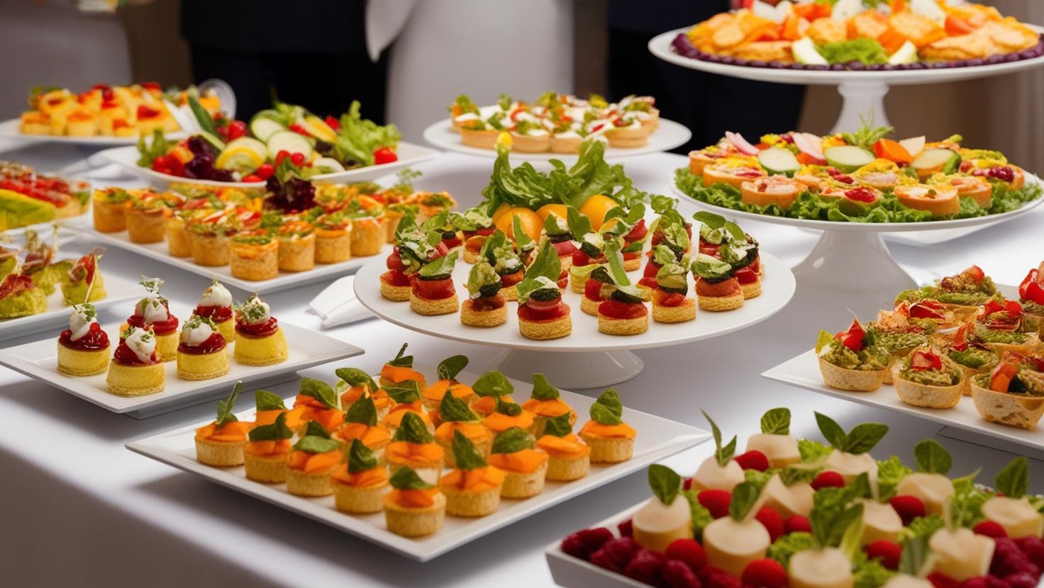 Stół z białym obrusem zastawiony różnorodnymi, apetycznie wyglądającymi przekąskami na białych talerzach i paterach, widoczne mini-tarty, koreczki i sałatki, tworzące elegancką kompozycję.