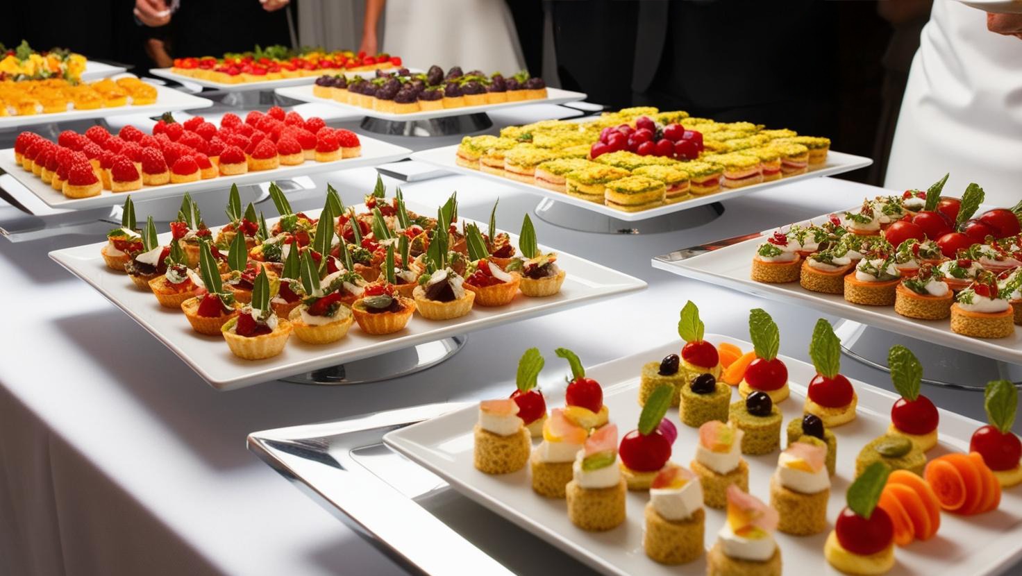 Różnorodne, elegancko podane przekąski na białych talerzach, w tym mini tartaletki z ziołami i pomidorami, koreczki z warzywami i mini kanapki, tworzące bogaty bufet.