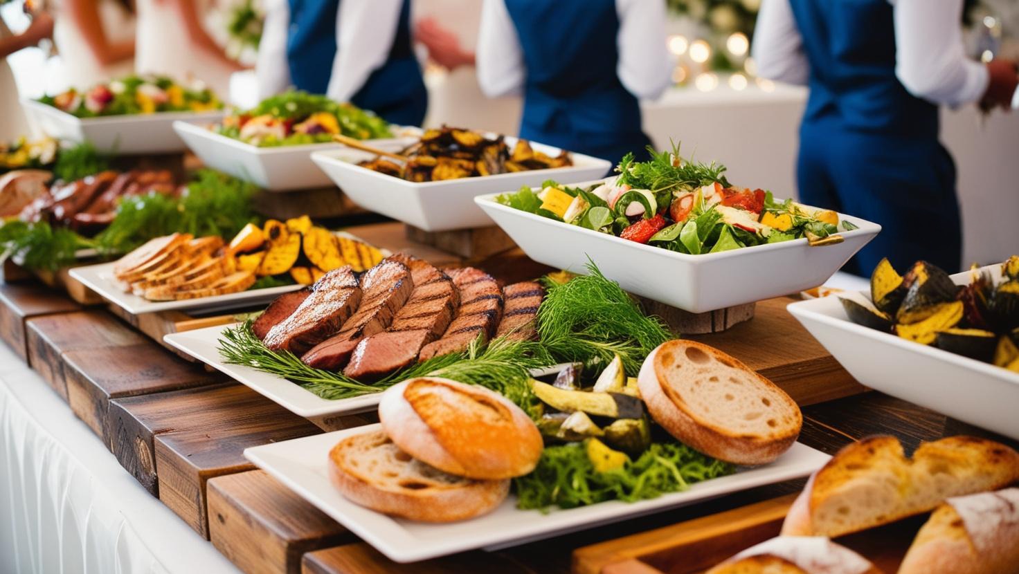 Bufet z różnorodnymi daniami: grillowana wołowina, pieczone warzywa, świeże sałatki w białych naczyniach na drewnianym stole z białym obrusem, w tle osoby w strojach kelnerskich.