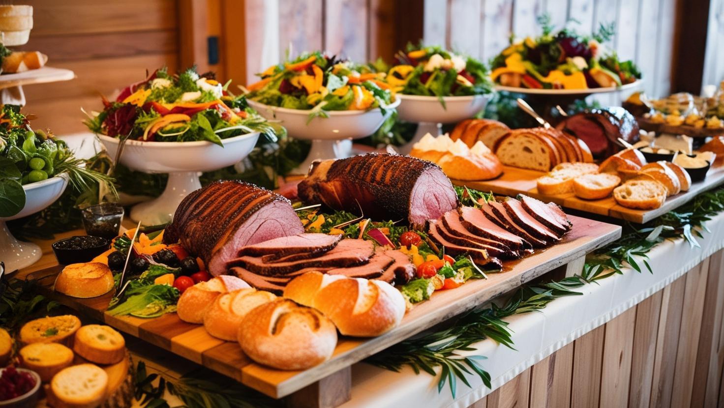 Stół bufetowy z pieczonym mięsem, sałatkami i pieczywem, dekorowany zielenią, ustawiony na drewnianym tle.
