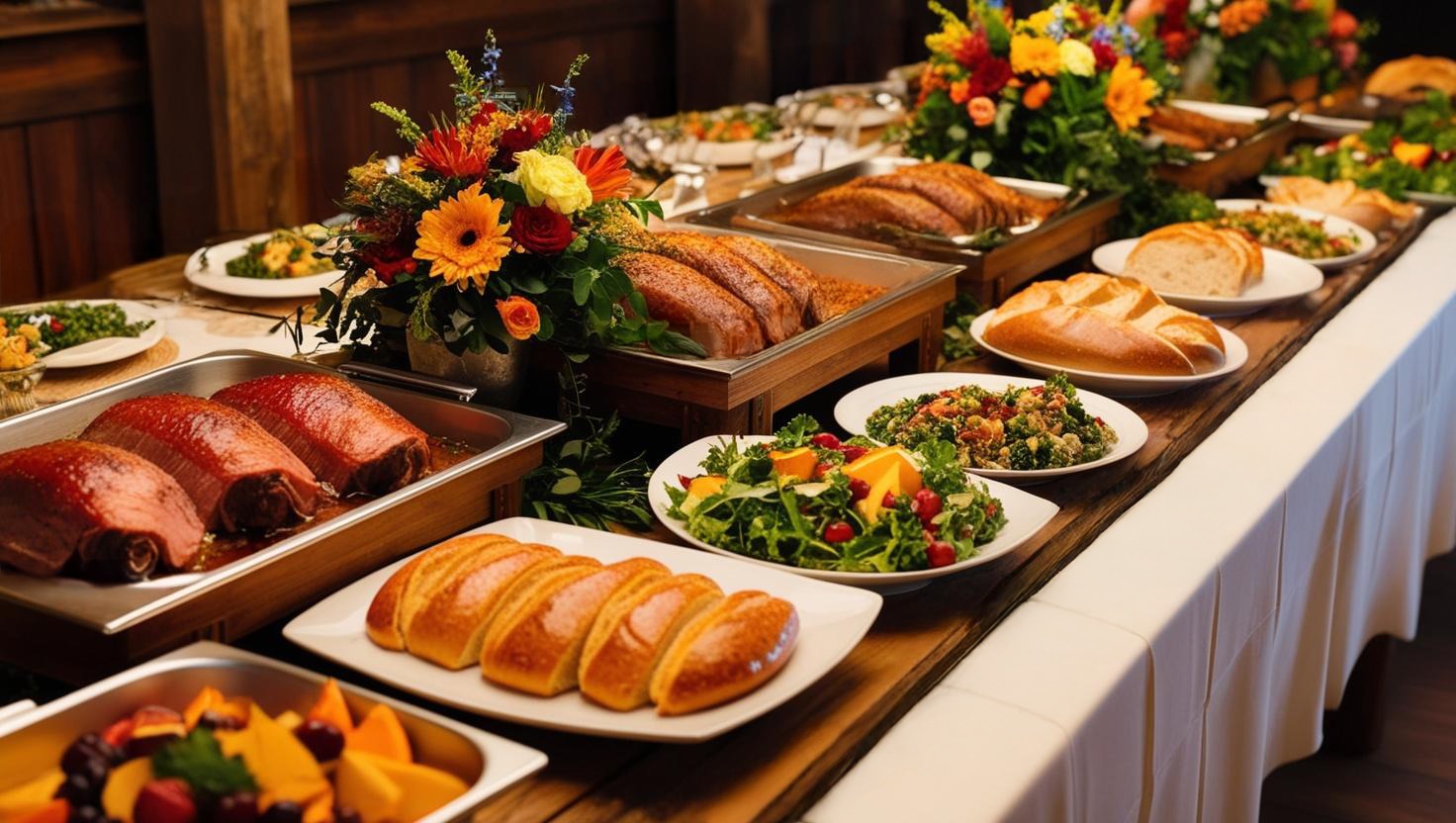 Uroczysty stół cateringowy z pieczonym mięsem w bemarach, świeżymi sałatkami z pomarańczami i żurawiną, różnorodnym pieczywem i dekoracyjnymi bukietami kwiatów w tle.