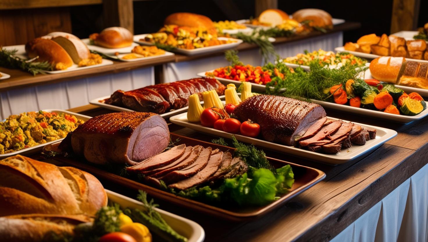 Bogato zastawiony stół z różnorodnymi daniami: pieczone mięsa, pieczywo, warzywa i sałatki, ułożone na prostokątnych półmiskach, prezentowane na drewnianym stole z białym obrusem.