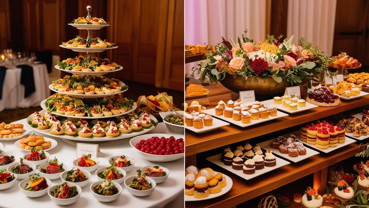 Bogato zastawiony stół z przekąskami i deserami, w tym piramida z tartaletek, miseczki z sałatkami i patery z ciastkami, uzupełnione kompozycją kwiatową.