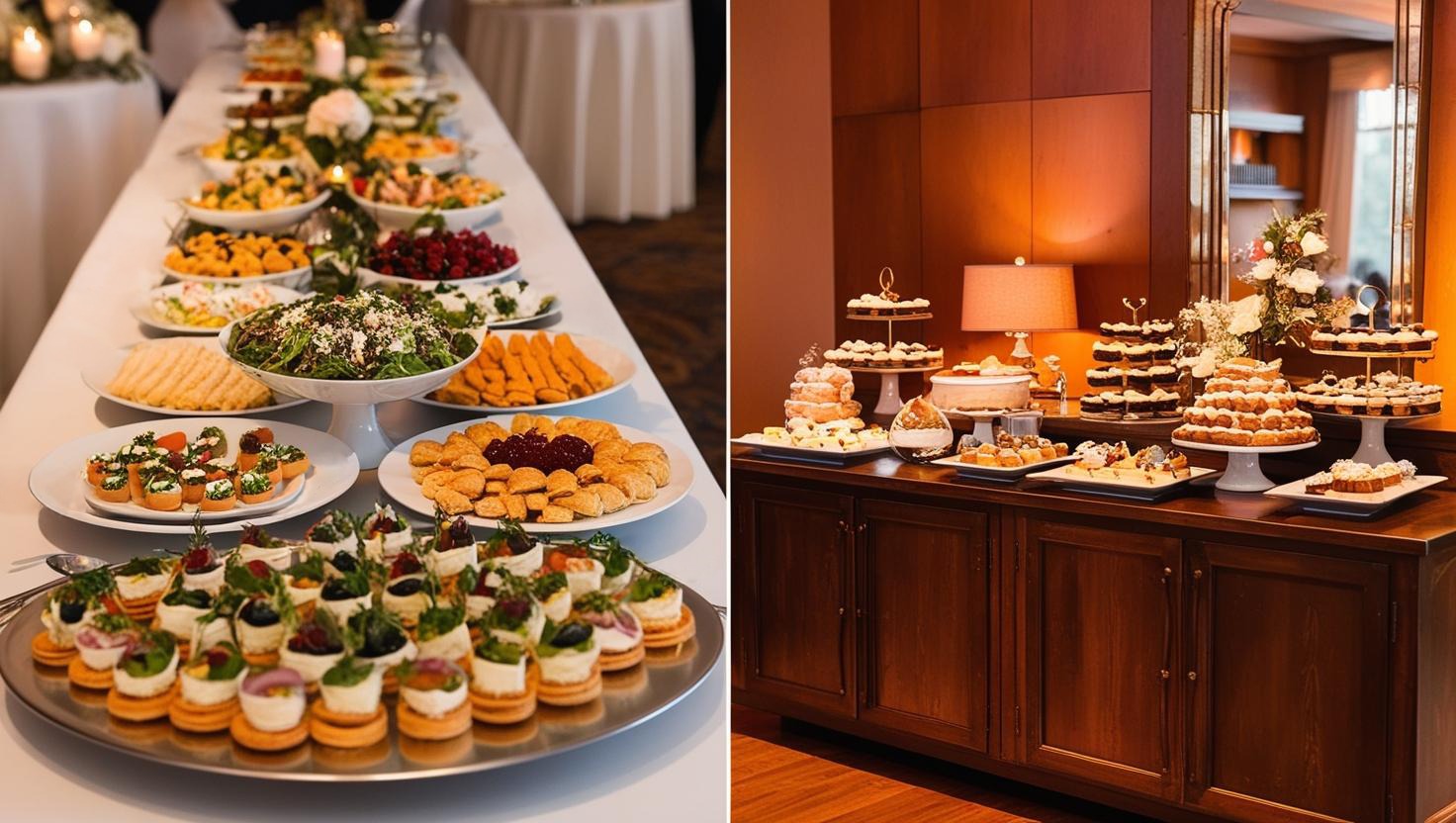 Bogato zastawiony stół z przekąskami i deserami na przyjęciu, widoczne mini kanapeczki, sałatki, ciasta i babeczki, na drugim planie drewniana komoda z lampką i kwiatami, całość w ciepłej kolorystyce.