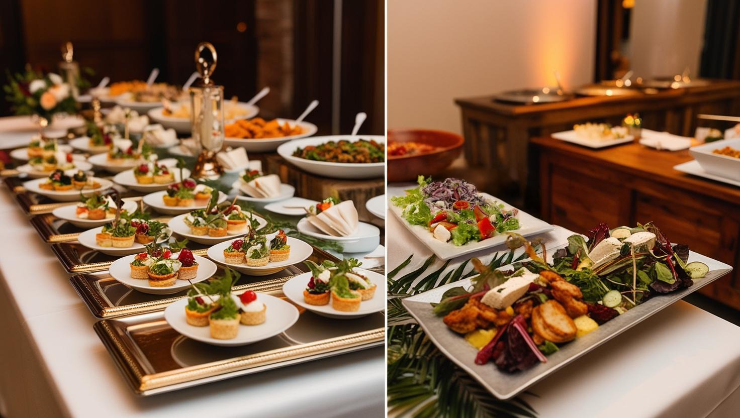 Stół z przekąskami: mini tartaletki z ziołami i pomidorkami koktajlowymi na srebrnej tacy, sałatki z serem feta i warzywami na białych talerzach, drewniane bufety w tle.
