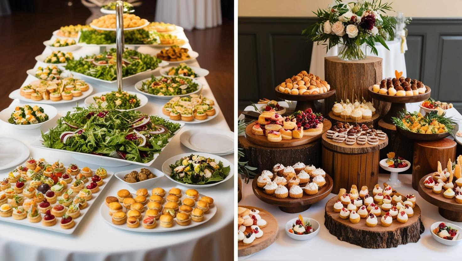 Bogato zastawiony stół z przekąskami, sałatkami i mini burgerami na białym obrusie, obok aranżacja z drewnianych podstawek i kwiatów z różnorodnymi deserami.