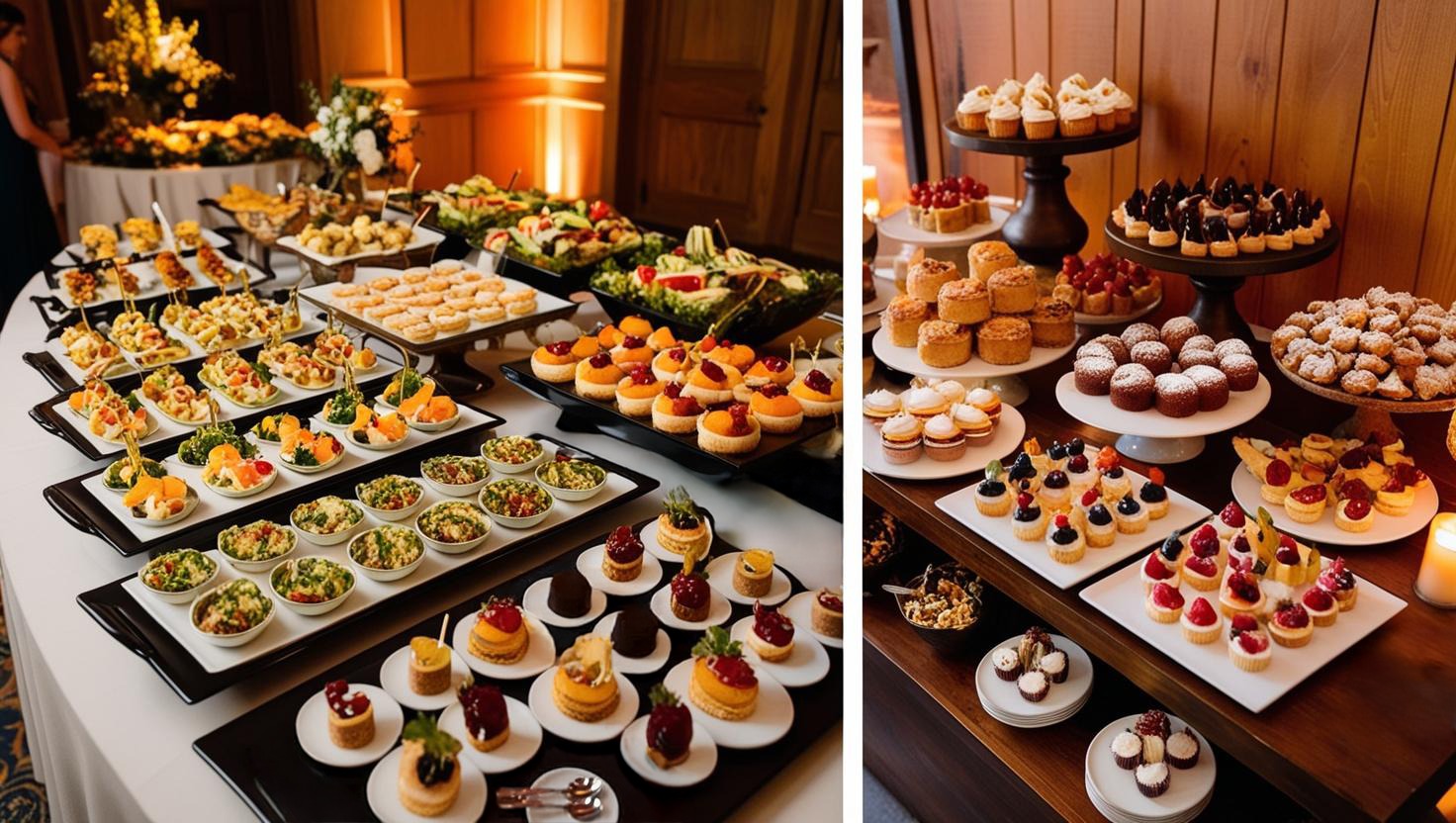 Bogato zastawiony stół z różnorodnymi przekąskami, sałatkami i deserami na przyjęciu, z miniaturowymi tartaletkami, babeczkami i kanapeczkami.