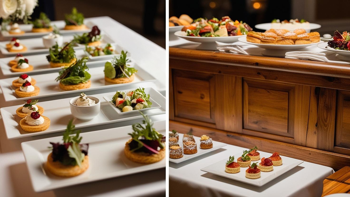 Elegancko przygotowane przekąski cateringowe na białych talerzach, z widocznymi tartaletkami z kremem i owocami, sałatkami z zielonymi liśćmi i warzywami, oraz drewnianym bufetem w tle.
