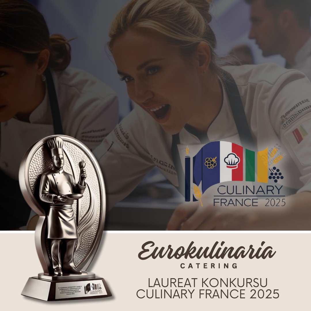 Srebrna statuetka kucharza z logo Eurokulinaria Catering, symbolizująca nagrodę w konkursie Culinary France 2025, na rozmytym tle kucharzy w białych uniformach.