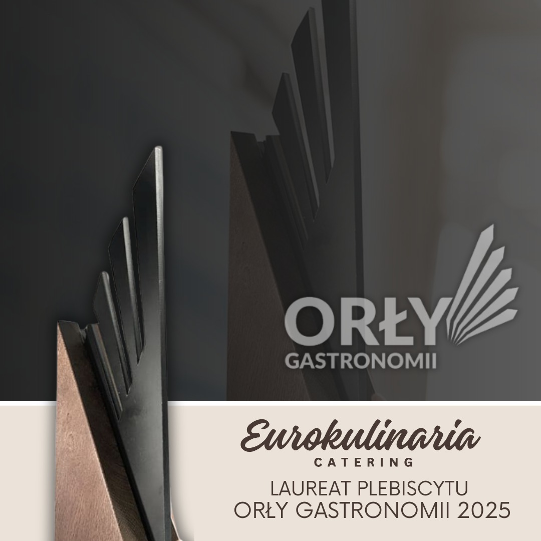 Nagroda 'Orły Gastronomii 2025' dla Eurokulinaria Catering, zbliżenie na statuetkę z logo na ciemnym tle.