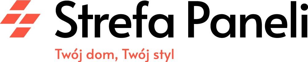 Logo firmy 'Strefa Paneli' z czterema pomarańczowymi rombami po lewej stronie i hasłem 'Twój dom, Twój styl' pod nazwą.