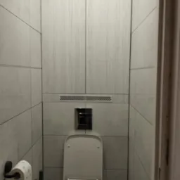 Nowoczesna toaleta z ukrytą spłuczką i drewnopodobnymi płytkami na ścianach, widoczne akcesoria łazienkowe i środki czystości.