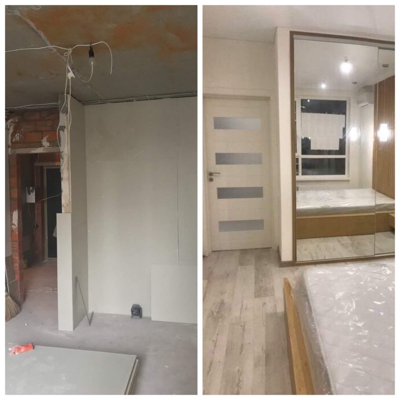 Porównanie stanu surowego i wykończonego pokoju: ściany z płyt gipsowych przed malowaniem, wiszące przewody elektryczne oraz gotowa sypialnia z parkietem, lustrzaną szafą i łóżkiem.