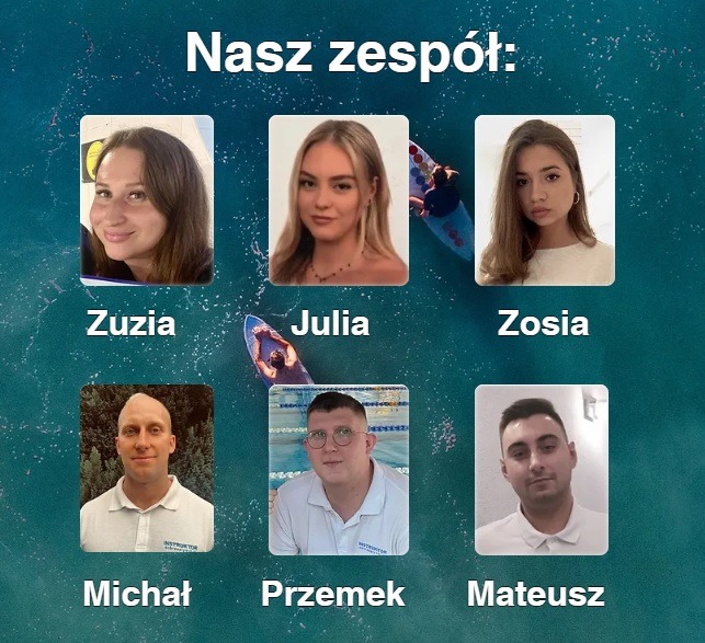 Zdjęcie kolażowe przedstawiające portrety sześciu osób o imionach Zuzia, Julia, Zosia, Michał, Przemek i Mateusz, z których dwie osoby (Julia i Przemek) są sfotografowane w kontekście pływania...