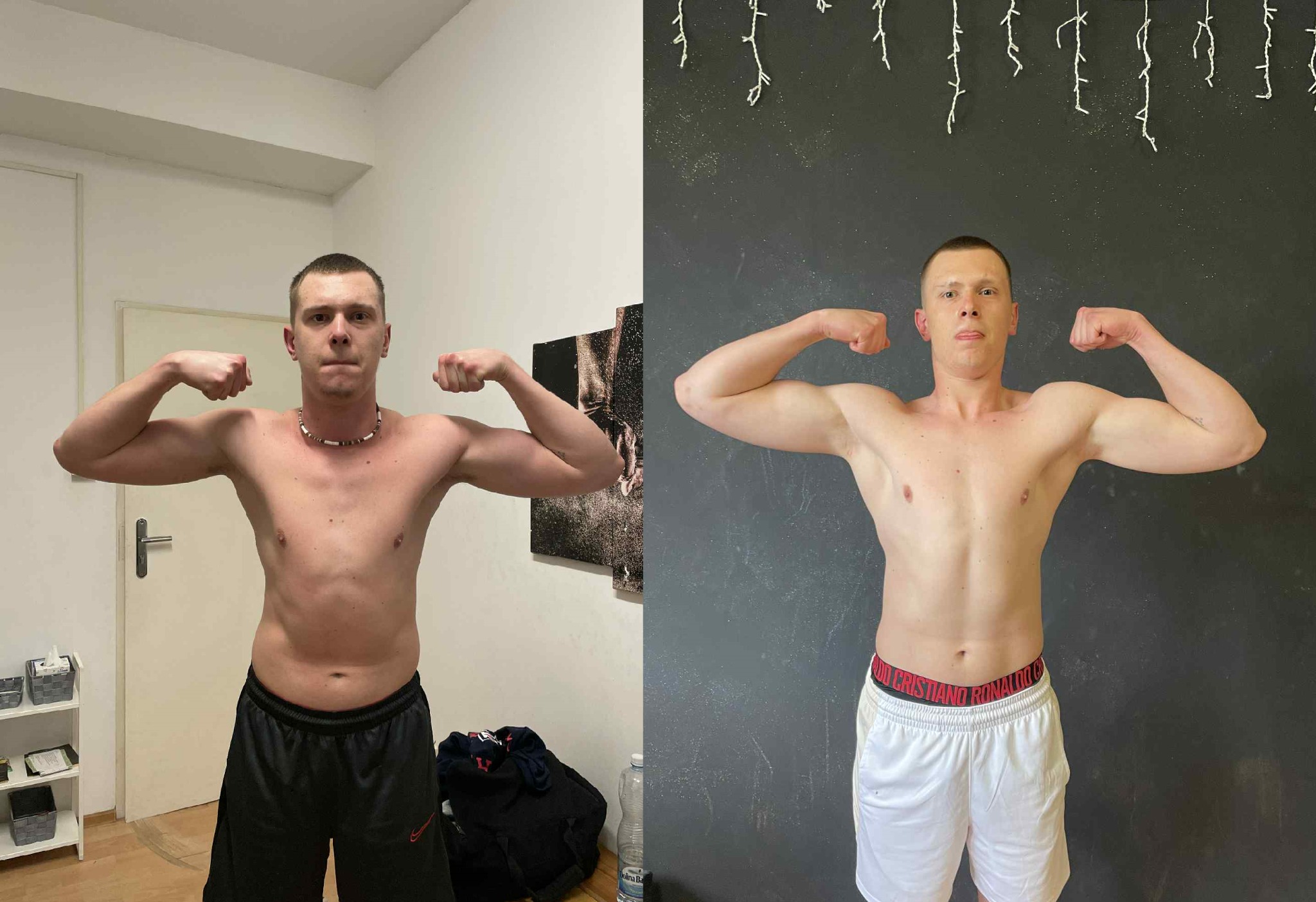 Mężczyzna prezentuje transformację sylwetki: zdjęcie 'przed' na tle białej ściany i 'po' na tle czarnej, demonstrując postępy w budowaniu masy mięśniowej.