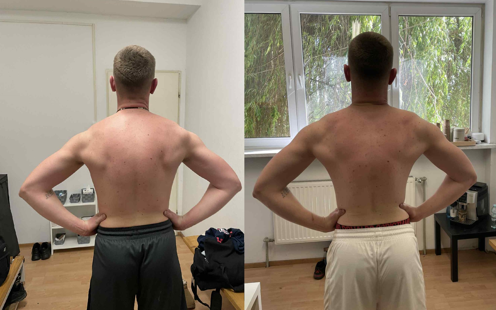 Zdjęcie 'przed i po' prezentujące postępy w budowie masy mięśniowej pleców mężczyzny. Widoczne zmiany w definicji mięśni i ogólnej sylwetce.