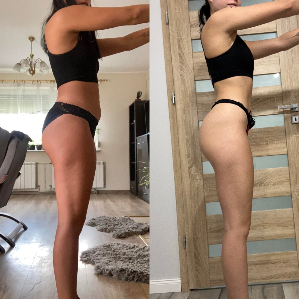 Porównanie sylwetki kobiety przed i po treningu, widoczne zmiany w jędrności i kształcie pośladków, na tle domowego wnętrza z drzwiami i meblami.