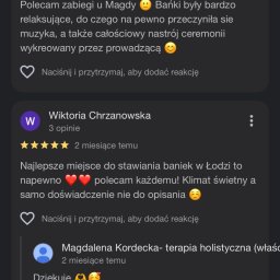 MAGDALENA KORDECKA MORETHANENGLISH SPÓŁKA Z OGRANICZONĄ ODPOWIEDZIALNOŚCIĄ - Zrzut ekranu z opiniami klientów z Łodzi, polecających zabiegi, w tym stawianie baniek, podkreślając relaksującą atmosferę i profesjonalizm.