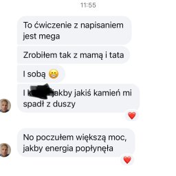 MAGDALENA KUCHARCZYK-KORDECKA MOC ŹRÓDŁA SPÓŁKA Z OGRANICZONĄ ODPOWIEDZIALNOŚCIĄ - Zrzut ekranu konwersacji tekstowej z pozytywnymi odczuciami po ćwiczeniu, zawierającej emotikonę uśmiechu i ikony serca.