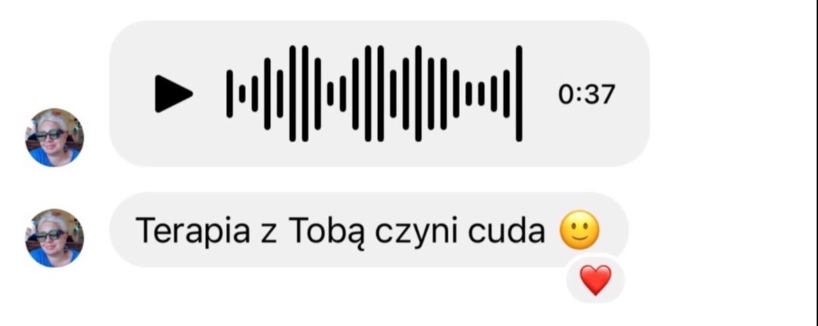 Zrzut ekranu konwersacji z wiadomością tekstową 'Terapia z Tobą czyni cuda' oraz nagraniem audio o długości 0:37, z profilowymi zdjęciami uczestników.