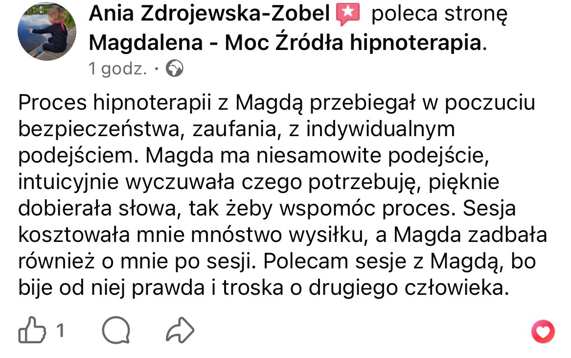 Zrzut ekranu z pozytywną opinią Anii Zdrojewskiej-Zobel o hipnoterapii u Magdaleny, podkreślający poczucie bezpieczeństwa i indywidualne podejście.