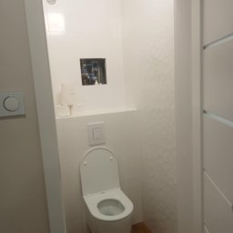 MAIBUD ADAM MROZEK - Nowoczesna toaleta w Dmosinie po remoncie. Białe płytki z subtelnym wzorem, podwieszana miska WC i drewnopodobna podłoga. Widoczne instalacje w ścianie.