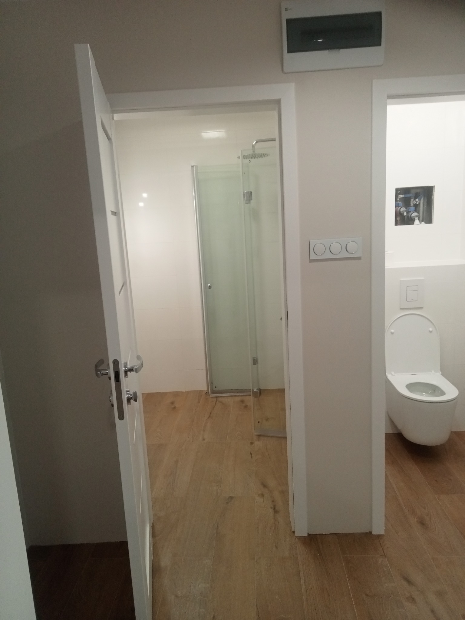 Nowoczesna łazienka po remoncie: kabina prysznicowa, toaleta podwieszana, drewnopodobna podłoga i otwarte drzwi. Widok z korytarza.