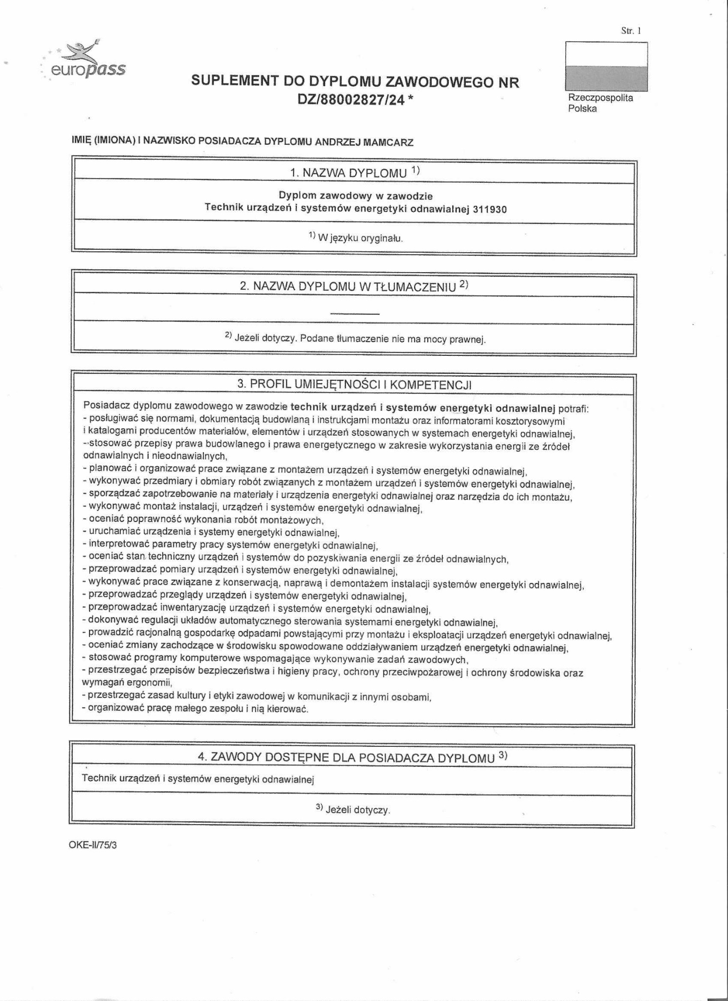 Skan suplementu do dyplomu zawodowego technika urządzeń i systemów energetyki odnawialnej, dokument Europass.