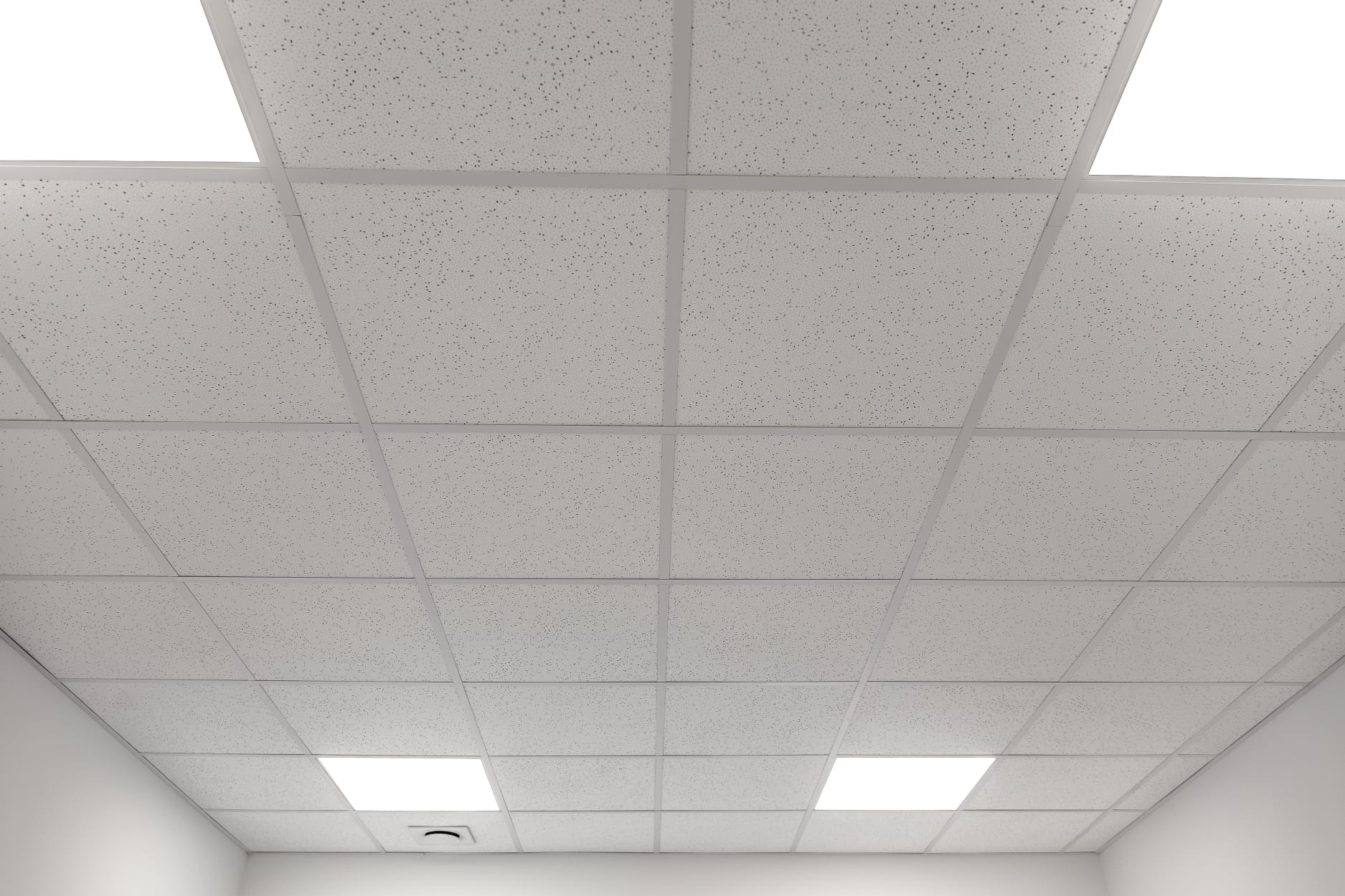 Biały sufit podwieszany kasetonowy z widocznymi lampami LED w minimalistycznym biurze.