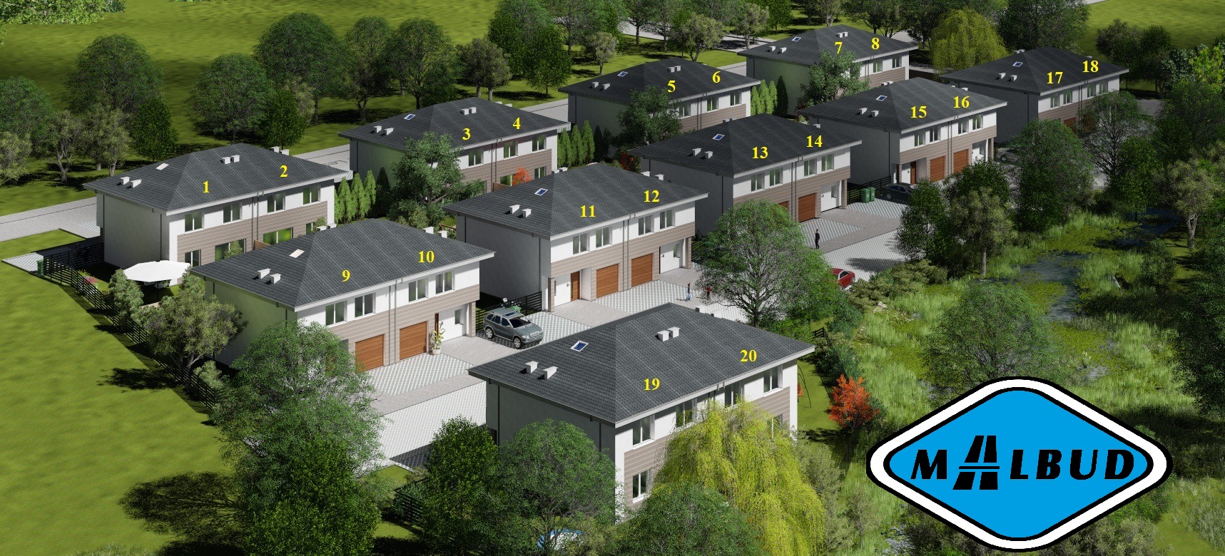 Wizualizacja osiedla domów dwukondygnacyjnych z garażami, widok z lotu ptaka, numery na dachach, logo firmy deweloperskiej w prawym dolnym rogu.