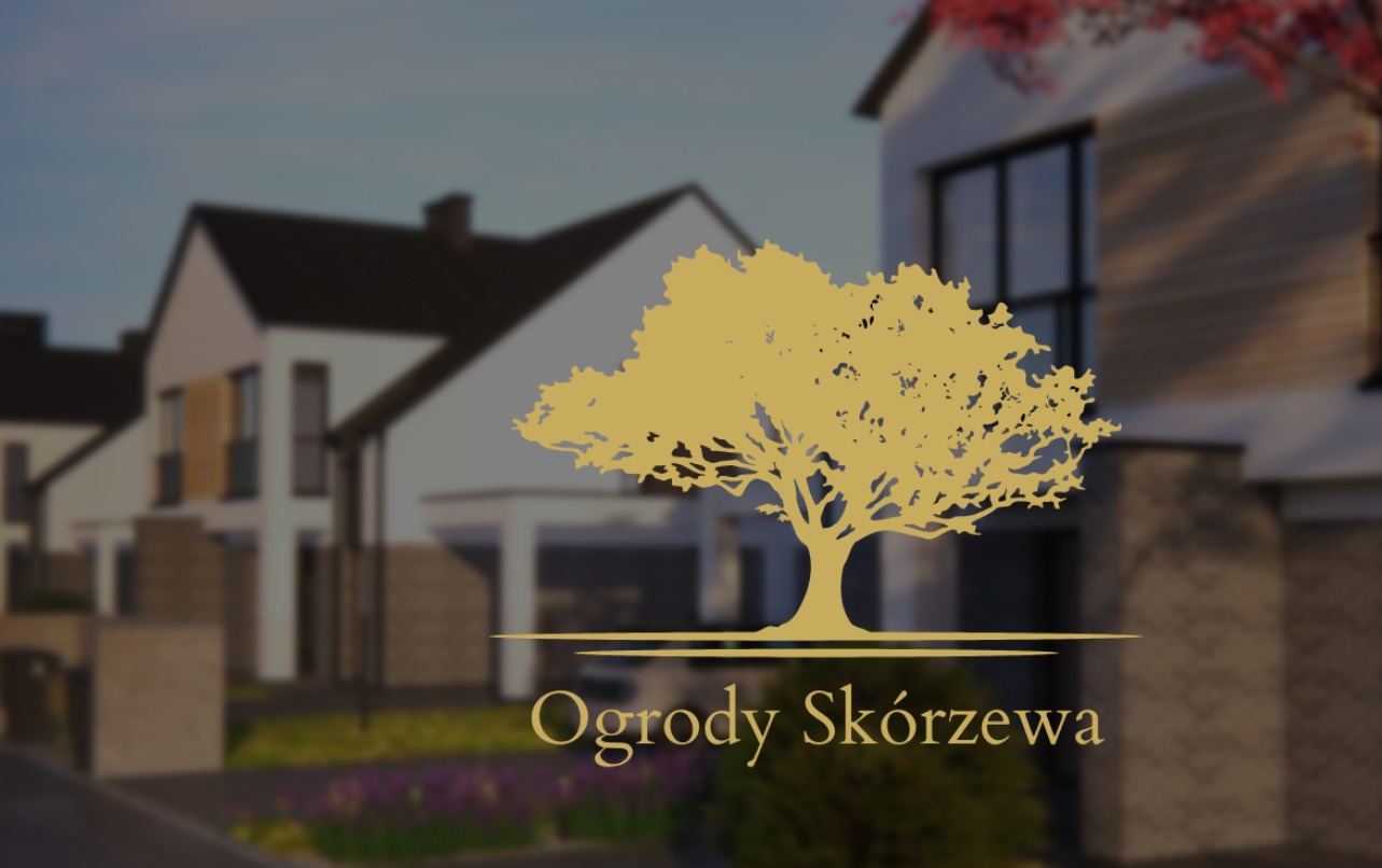 Logo firmy Ogrody Skórzewa na tle wizualizacji osiedla domów jednorodzinnych z ogrodami.